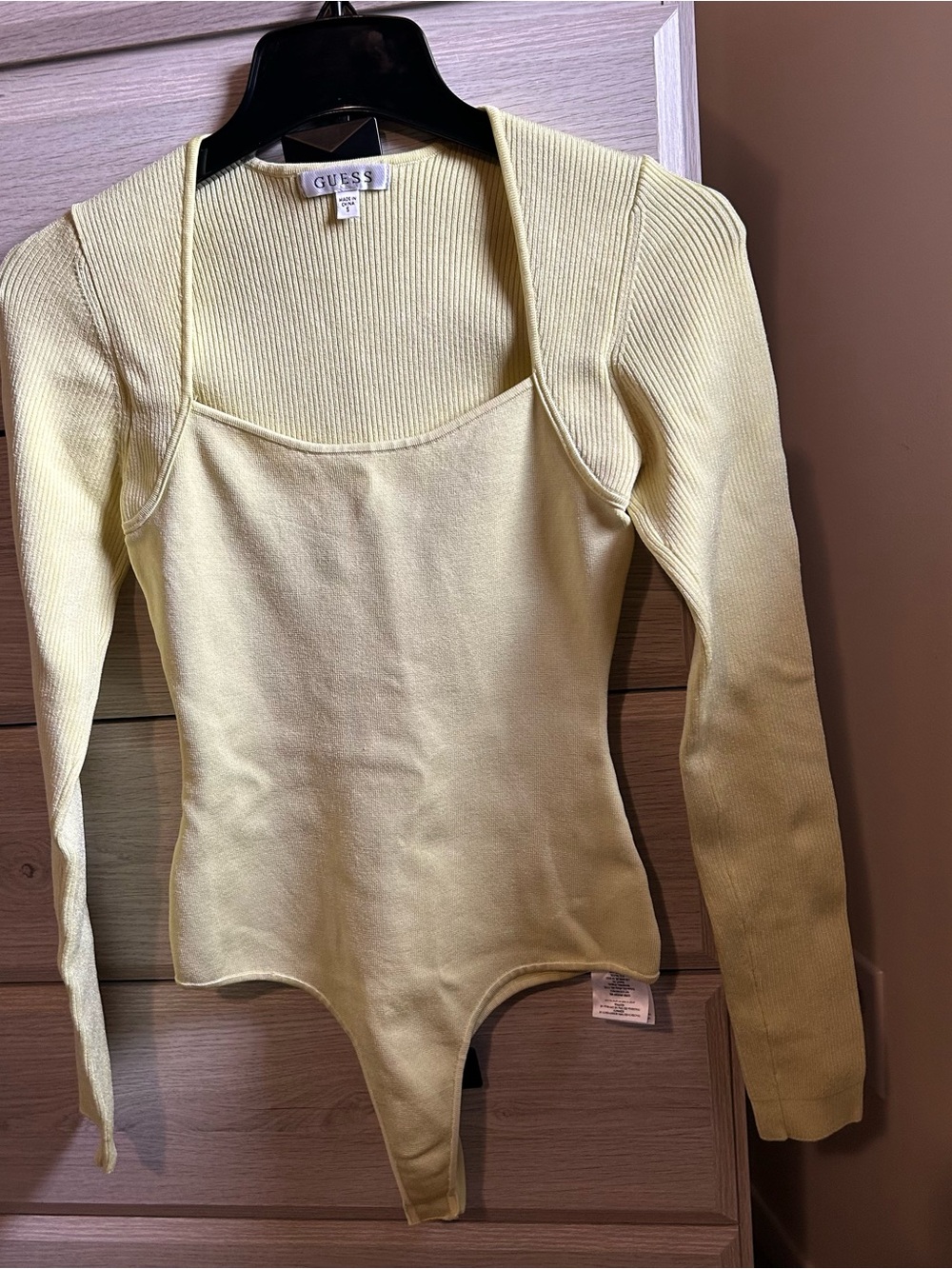 GUESS Light Yellow Ribbed Square-Neck Long Sleeve Bodysuit